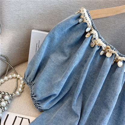 Loose Women's Denim Short Seeves Round Neck Simple Solid Color All Match Top Unique Sequined Design Backless Shirt