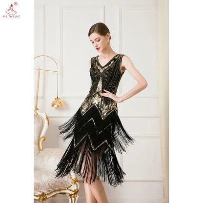 Women 1920s Sleeveless V-Neck Double Layer Tassel Dress, Gatsby Cocktail Prom Vintage Sequin Beads, Retro Latin Dance Party Dres