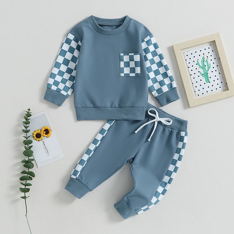 Toddler Baby Boy Outfit Plaid Contrast Color Long Sleeve Sweatshirts Stretch Jogger Pants Newborn Clothes Sets