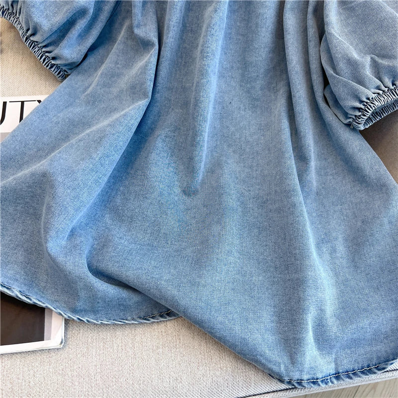 Loose Women's Denim Short Seeves Round Neck Simple Solid Color All Match Top Unique Sequined Design Backless Shirt