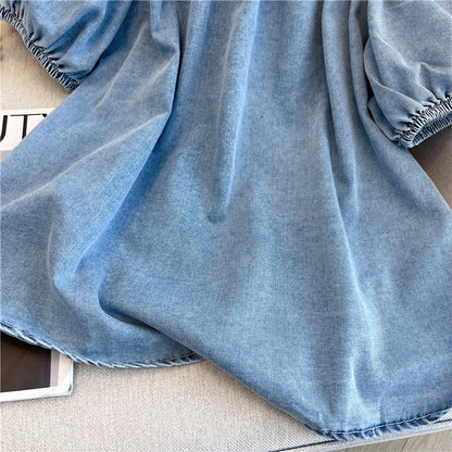 Loose Women's Denim Short Seeves Round Neck Simple Solid Color All Match Top Unique Sequined Design Backless Shirt