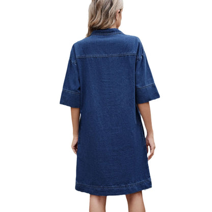 New Mid-length Denim Dress for Spring and Summer. Ladies' Fashionable Pocket Decoration V-neck Short-sleeved Casual Denim Dress