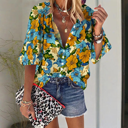 Womens Summer Vintage Flower & Paisley Graphics Blouse Casual Short Sleeve V Neck Shirt Loose Printed Cuffed Sleeve Floral Tops