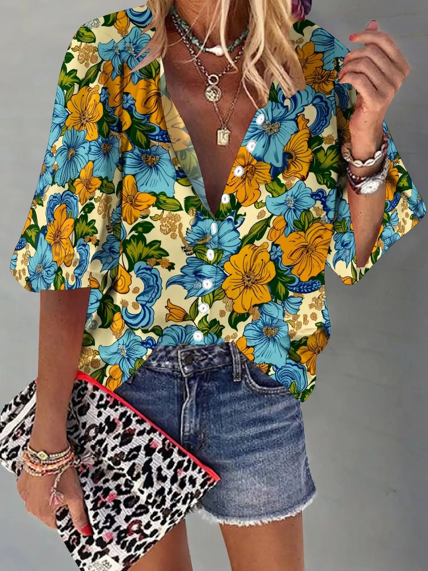 Womens Summer Vintage Flower & Paisley Graphics Blouse Casual Short Sleeve V Neck Shirt Loose Printed Cuffed Sleeve Floral Tops