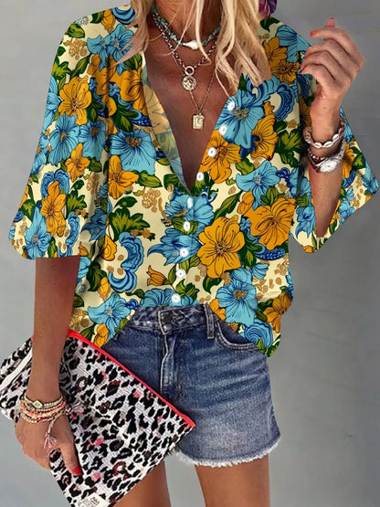 Womens Summer Vintage Flower & Paisley Graphics Blouse Casual Short Sleeve V Neck Shirt Loose Printed Cuffed Sleeve Floral Tops