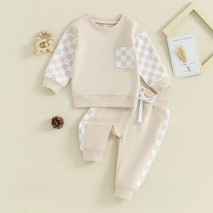 Toddler Baby Boy Outfit Plaid Contrast Color Long Sleeve Sweatshirts Stretch Jogger Pants Newborn Clothes Sets